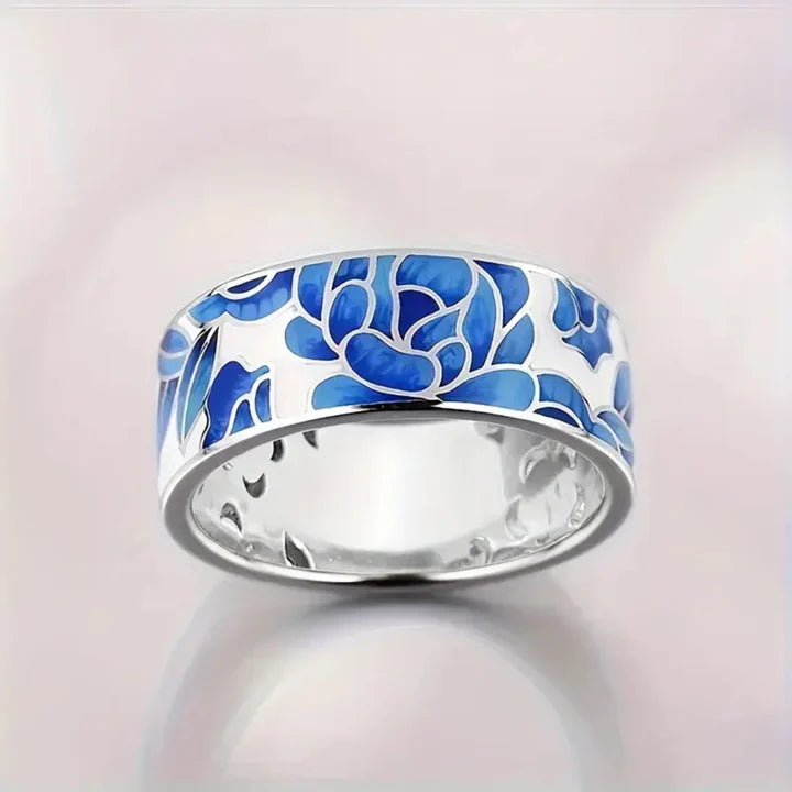 Blauer Emaille-Blumenring