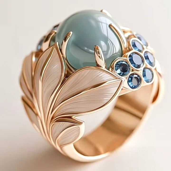 Grünlicher Stein Exotisches Blattgold Ring